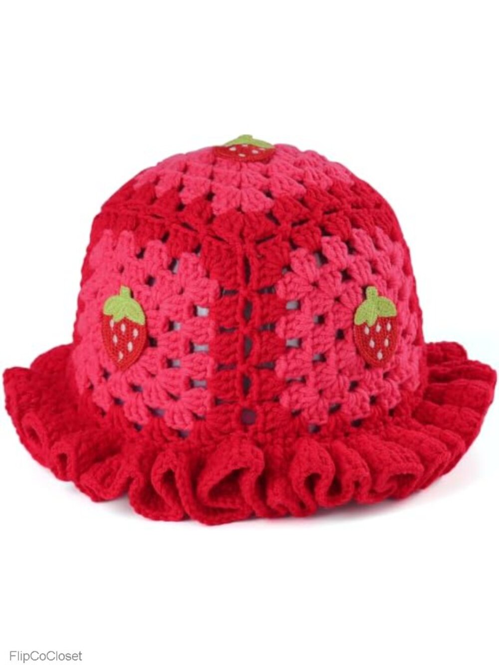 Hand Crochet Strawberry Bucket Hat Ruffle Brim Knit Cap Cosplay Costume